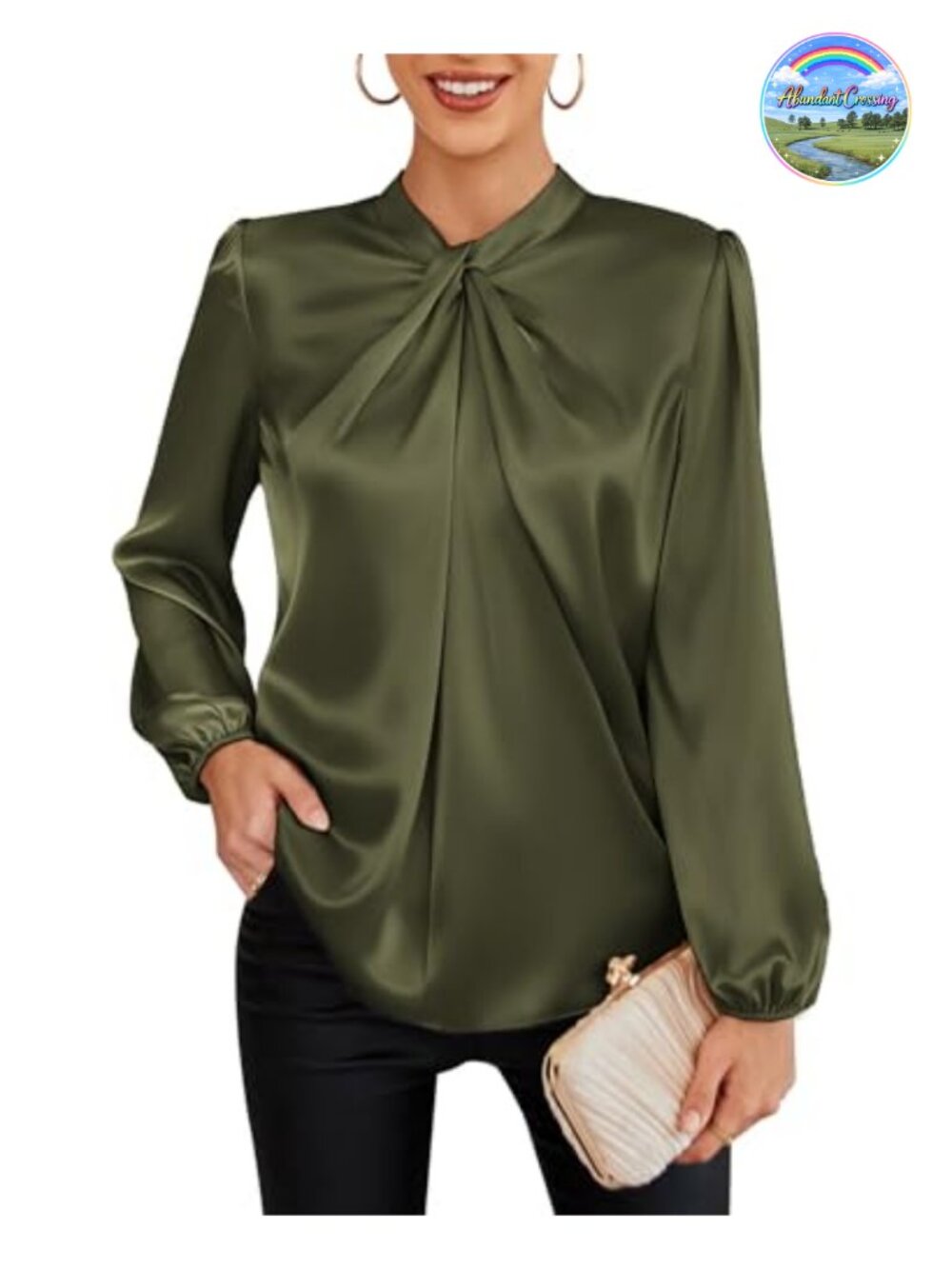 Satin Long Sleeve Mock Neck Pullover Blouse with Twist Neck and Button Back